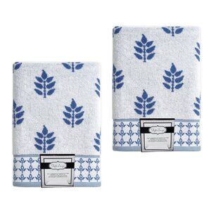 2 brand new Style Lounge 100% Cotton 27x54" Bath Towels with BLUE LEAF pattern